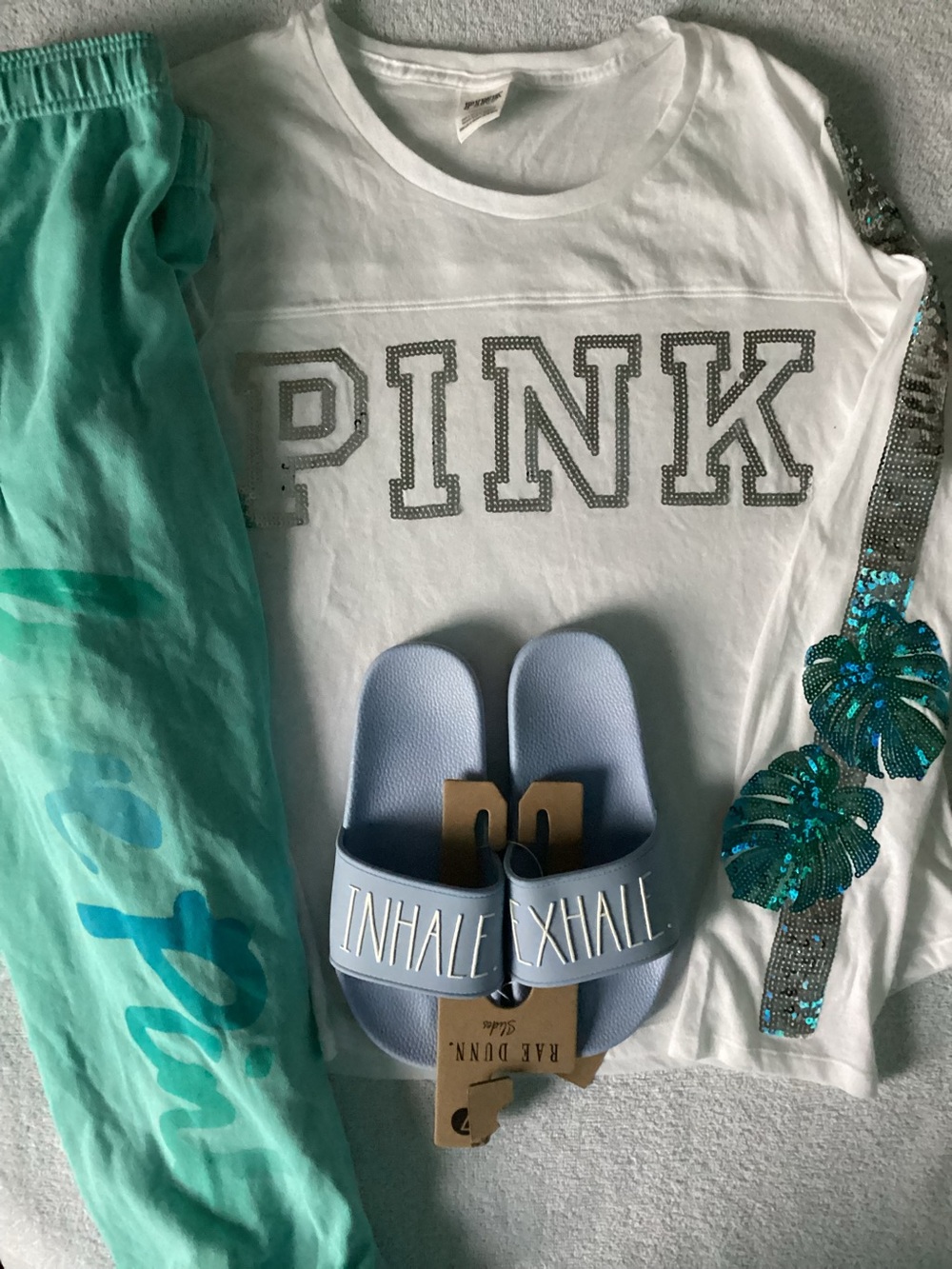 Victoria’s Secret LOVE PINK BLING Tropical Palm Shirt Ombré Joggers Rae Dunn